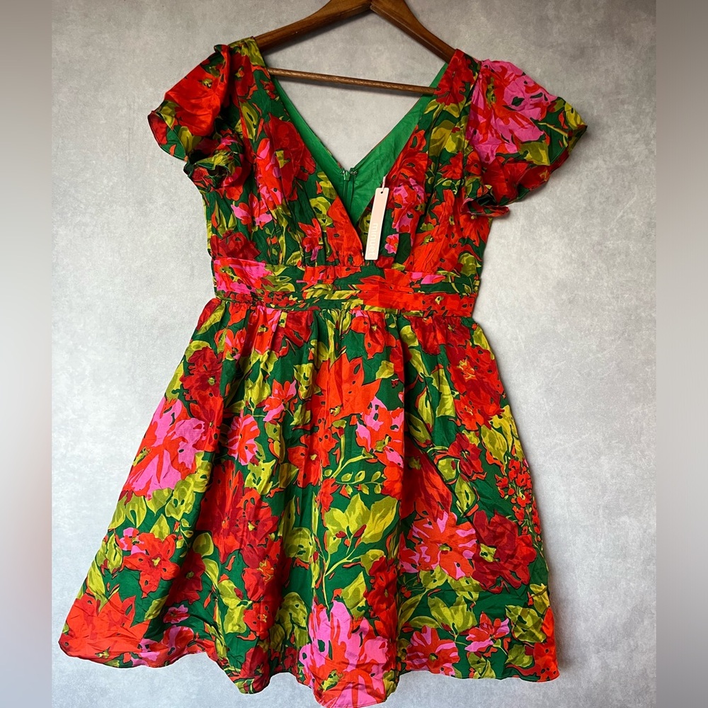 Floral V-Neck Dress - Red and Green